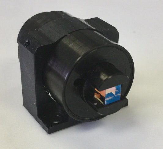 CrystaLaser compact optical isolator shown in the mounting holder